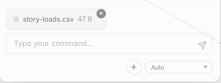 The message box with a file chip named story-loads.csv above it