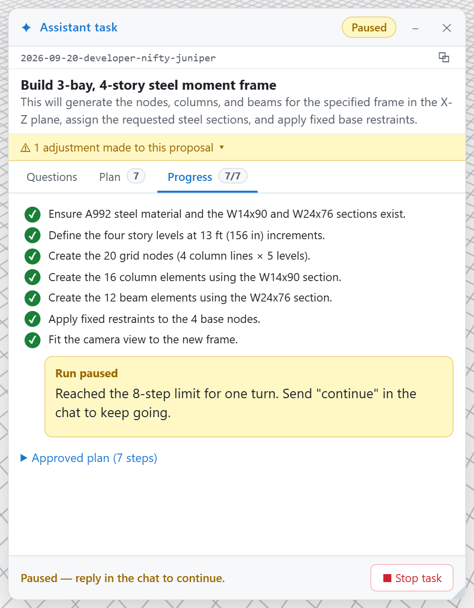 The task panel paused after seven steps with the message about the 8-step limit