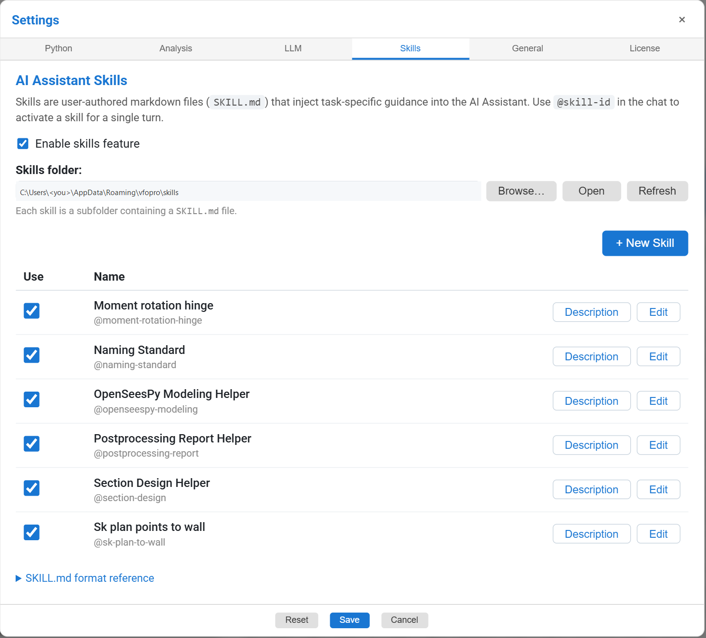 Settings on the Skills tab with a list of skills, each with an @ name, and a New Skill button