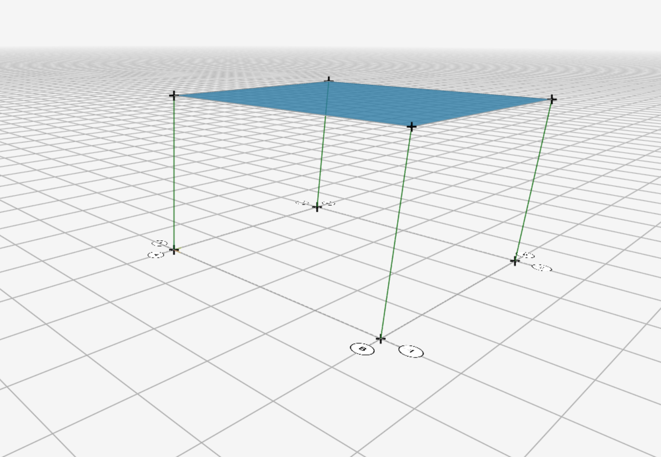 The 3D view with a blue slab spanning the four column tops