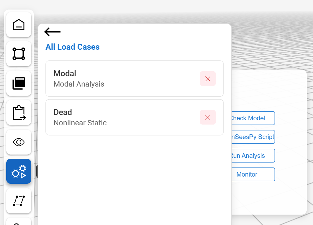 The Analysis panel with a table of load cases and the Check Model, OpenSeesPy Script, Run Analysis and Monitor buttons