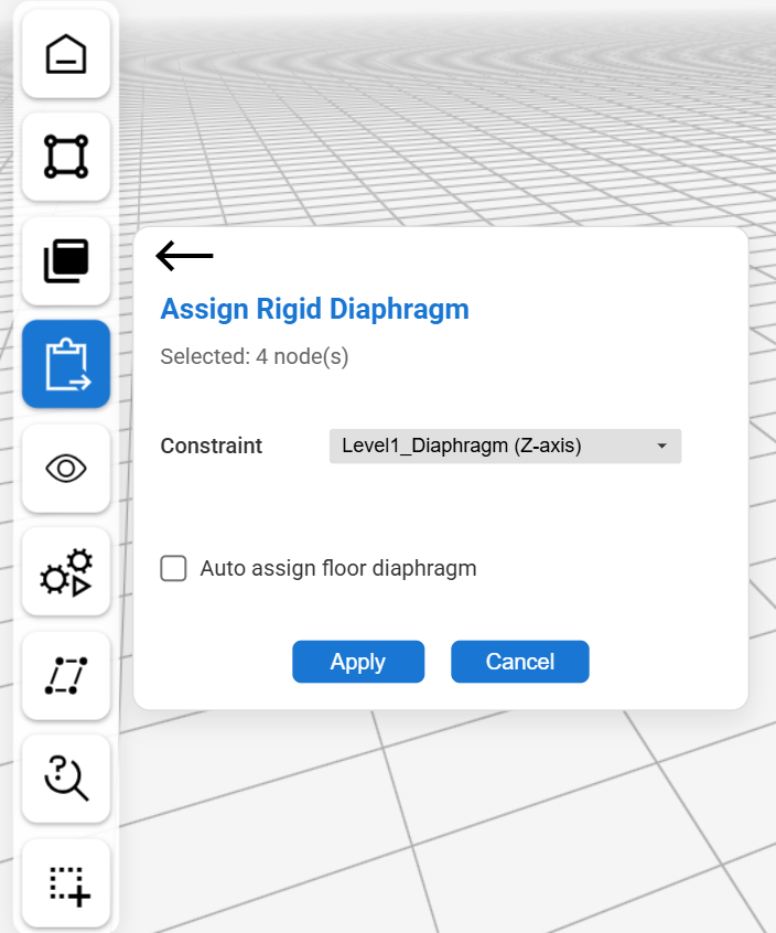 The Assign Rigid Diaphragm panel reading Selected: 4 node(s) with Level1_Diaphragm chosen