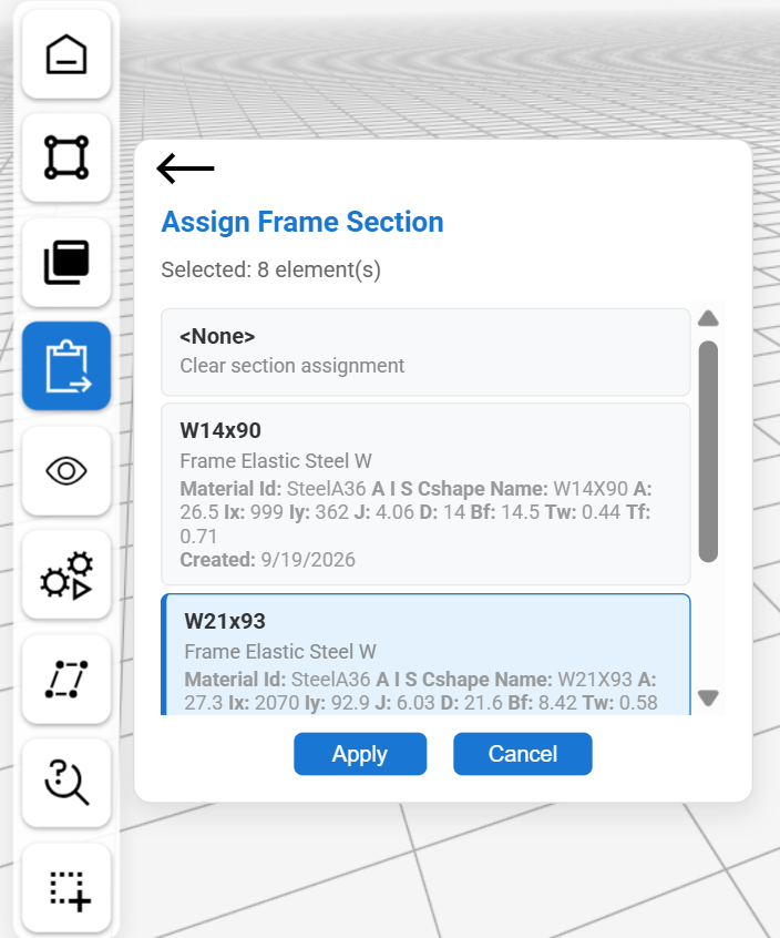 The Assign Frame Section panel listing W14x90 and W21x93 with Apply and Cancel buttons