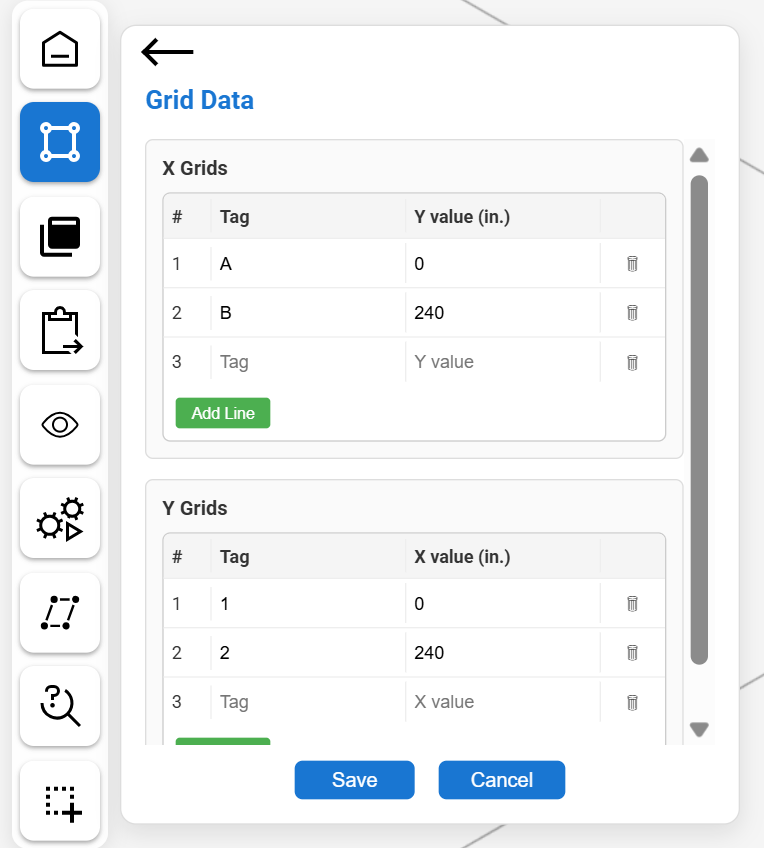 The Grid Data panel with X grids A at 0 and B at 240, and Y grids 1 at 0 and 2 at 240