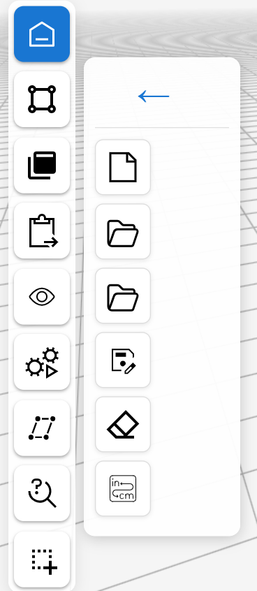 The left rail of vfopro with the Home panel open, showing New Model, Load Model, Recent, Save As, Clear Model and Unit System icons