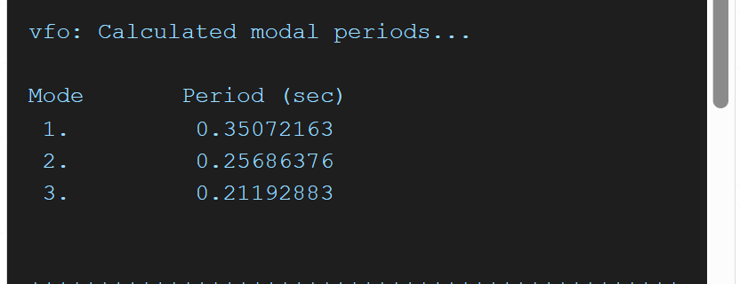 The Analysis terminal listing three modal periods: 0.35072163, 0.25686376 and 0.21192883 seconds