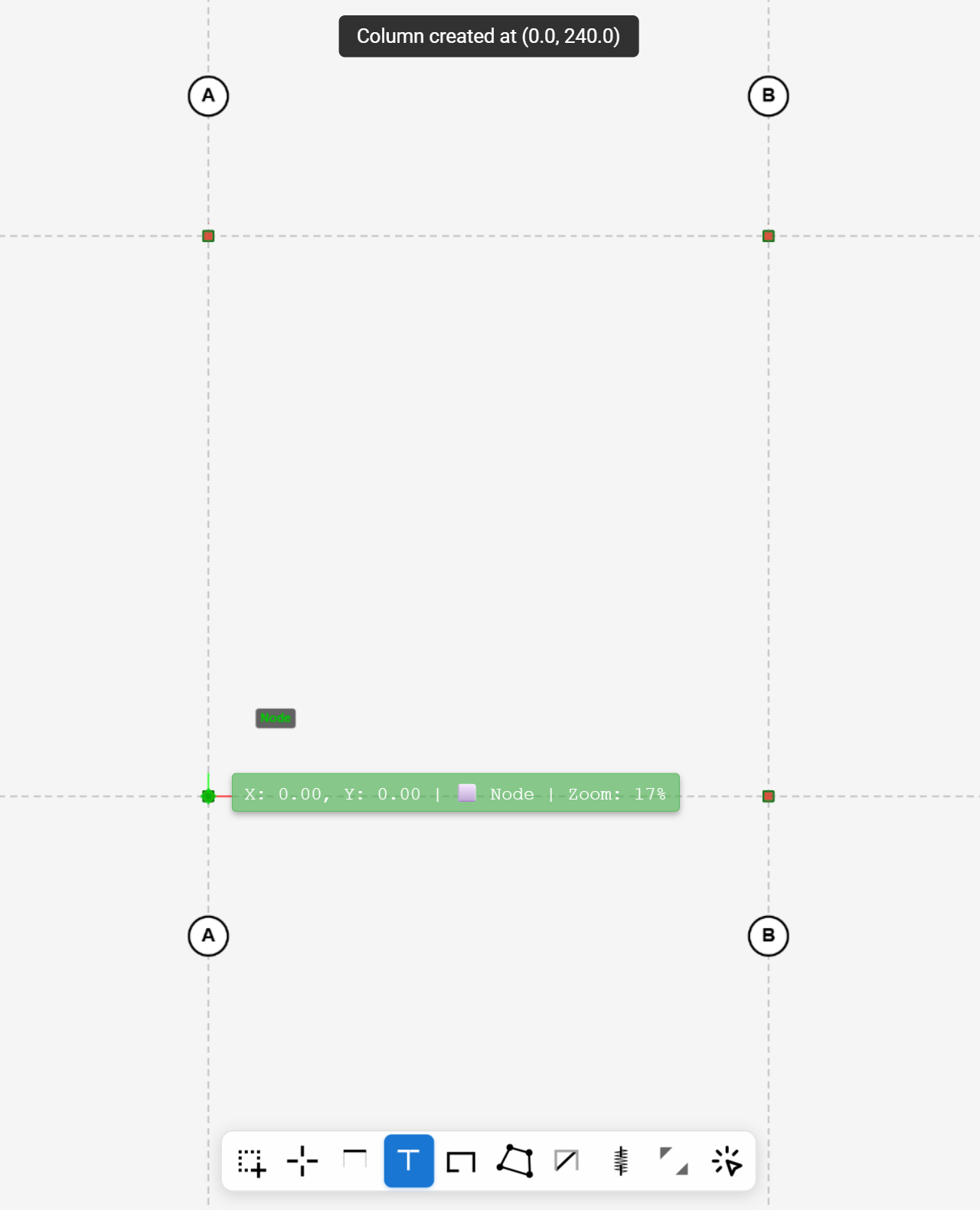 Plan view at Level 1 with the Column tool active and a small marker at each of the four grid intersections