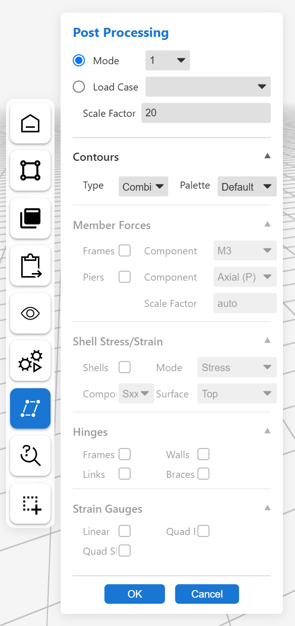 The Post Processing panel with Mode 1 selected, Scale Factor 20, and the Contours, Member Forces, Shell Stress/Strain, Hinges and Strain Gauges sections