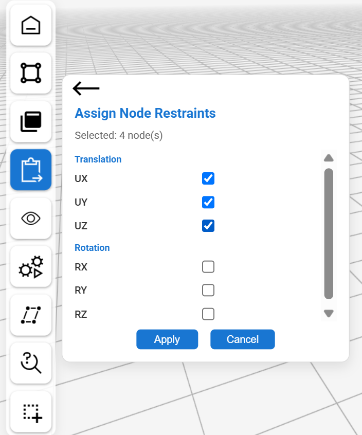The Assign Node Restraints panel with UX, UY and UZ ticked