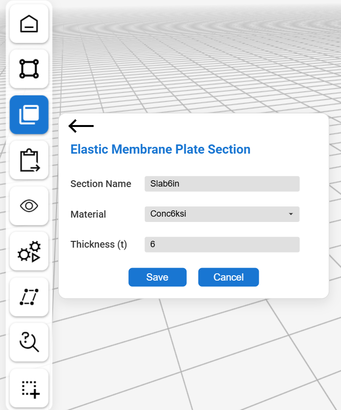 The Elastic Membrane Plate Section form with Slab6in, Conc6ksi and thickness 6