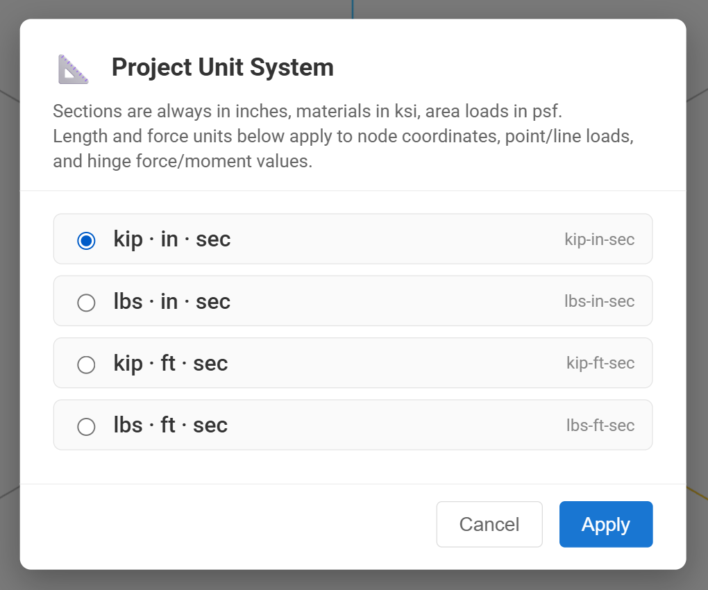 The Project Unit System dialog with kip, in, sec selected
