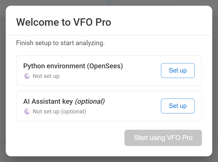 The Welcome to VFO Pro checklist with Python environment and AI Assistant key setup rows