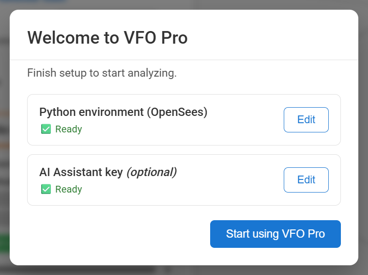 The Welcome checklist with the Python environment marked ready and Start using VFO Pro enabled
