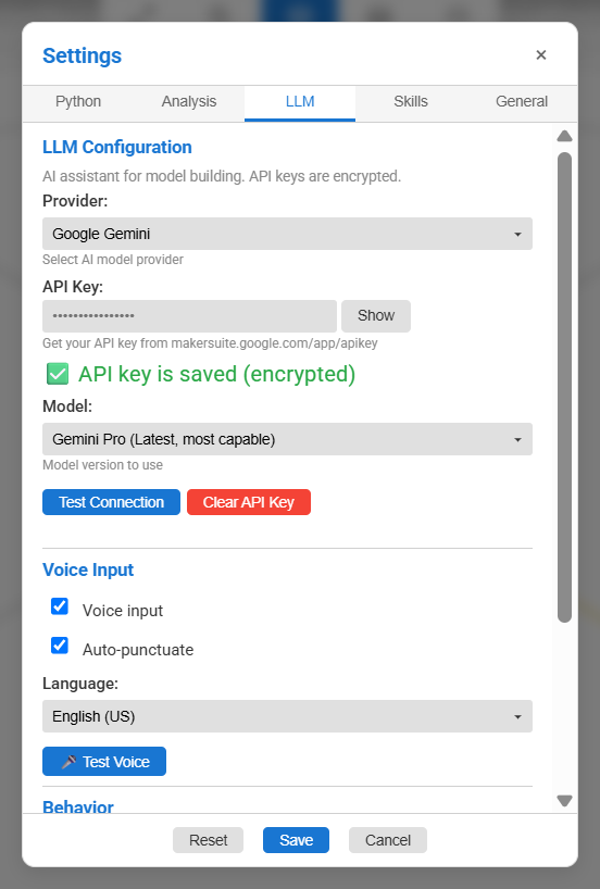 Settings, LLM tab, with provider, API key, model and Test Connection controls