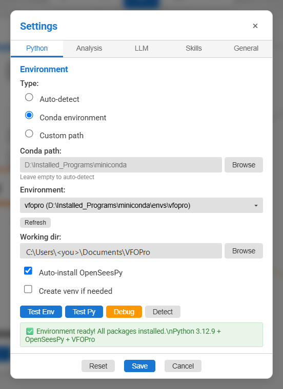 Settings, Python tab, after Test Env with a green message that the environment is ready