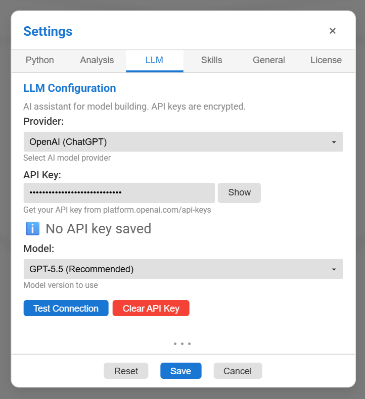 Settings, LLM tab, with OpenAI selected, a masked API key, the recommended model chosen, the Test Connection button and the Save button