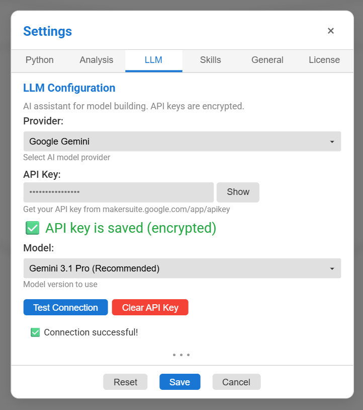 Settings, LLM tab, showing Google Gemini with a saved key, the recommended model, and a green Connection successful message