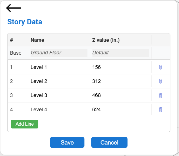 The Story Data panel with four levels at 156, 312, 468 and 624 inches