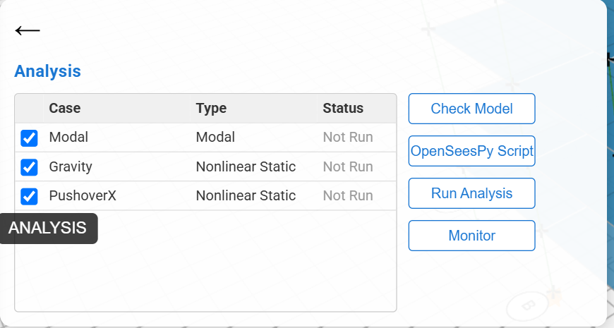 The Analysis panel with three load cases, Modal, Gravity and PushoverX, and the buttons Check Model, OpenSeesPy Script, Run Analysis and Monitor