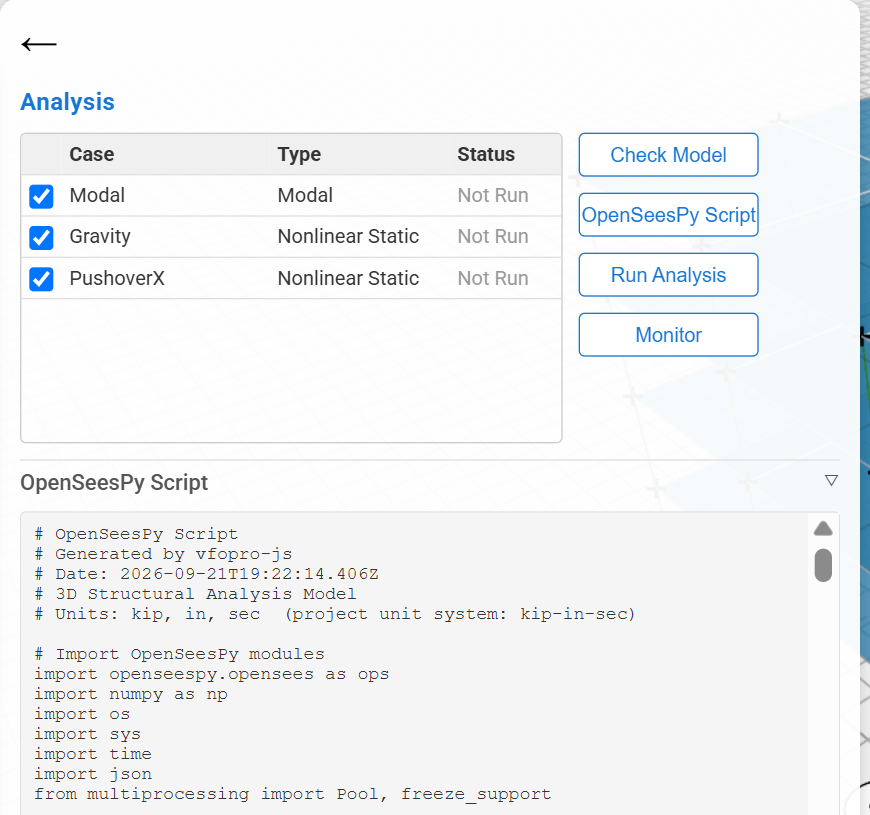 The Analysis panel after clicking OpenSeesPy Script, with the OpenSeesPy Script section open below the load case table and the start of the script visible